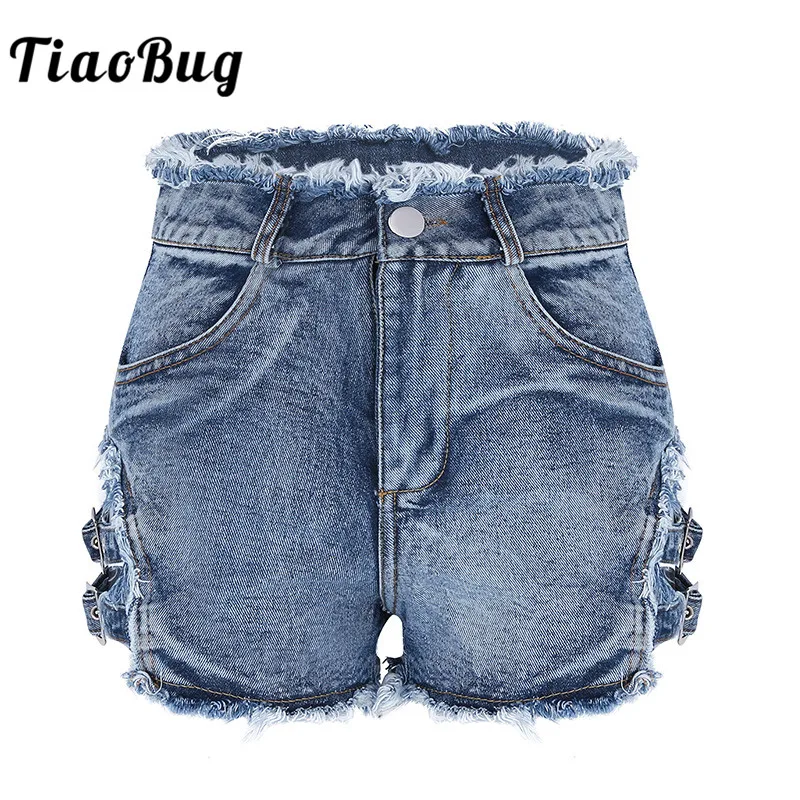 TiaoBug Women High Waist Hot Sexy Pole Dance Shorts Frayed Raw Hem