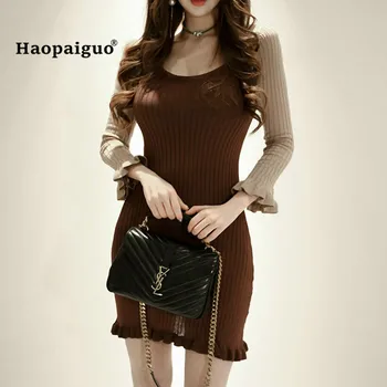 

Patchwork Bodycon Bandage Dress 2018 Autumn Women Khaki Long Sleeve O-neck Ruffles Casual Knitting Dress Backless Wrap Dresses