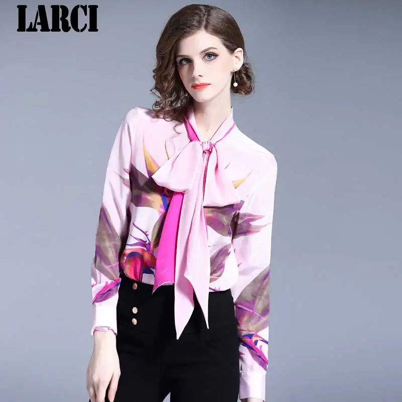 

LARCI Women Blouses Tops Long Sleeve Summer Autumn Bird Floral Office Shirts Ladies Pink Blusas Mujer De Moda N7127