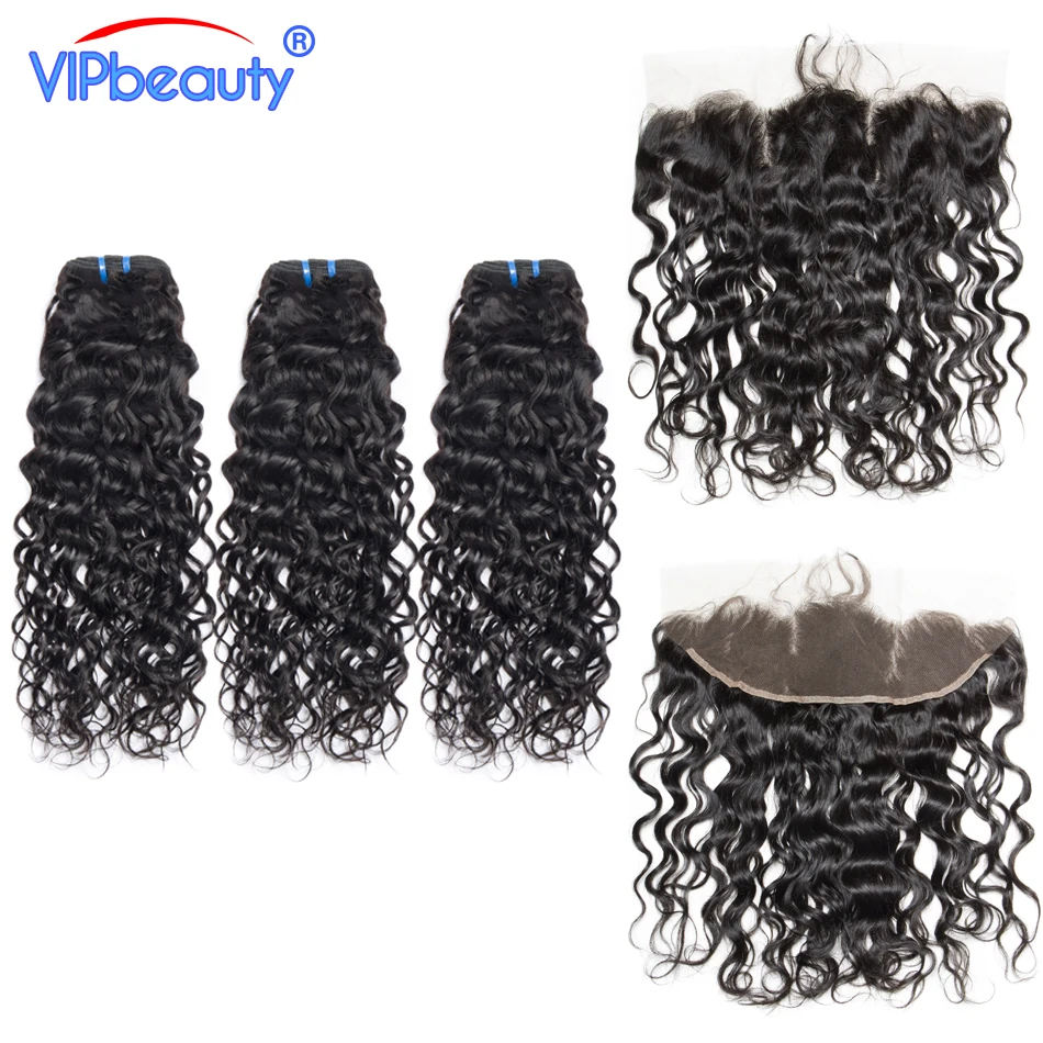 

13x4 pre plucked human hair bundles VIP beauty Malaysian water wave 3 bundles with lace frontal closure Non remy hair extension