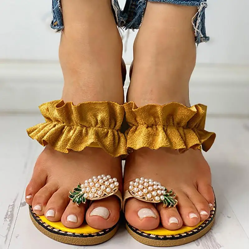 DAHOOD/женские летние сандалии на плоской подошве; коллекция года; шлепанцы без застежки с перламутровым носком; летние пляжные шлепанцы с ананасом; Повседневная обувь; Тапочки - Цвет: yellowflower
