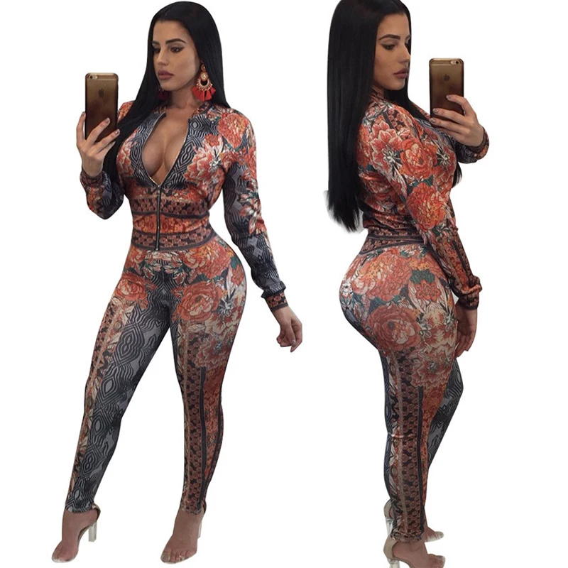 

Women Rose Printed 2 Piece Sets Sweatsuit Long Sleeve Zipper Leopard Slim Casual Tracksuit Autumn 2 Piece Outfit Leisure Suits
