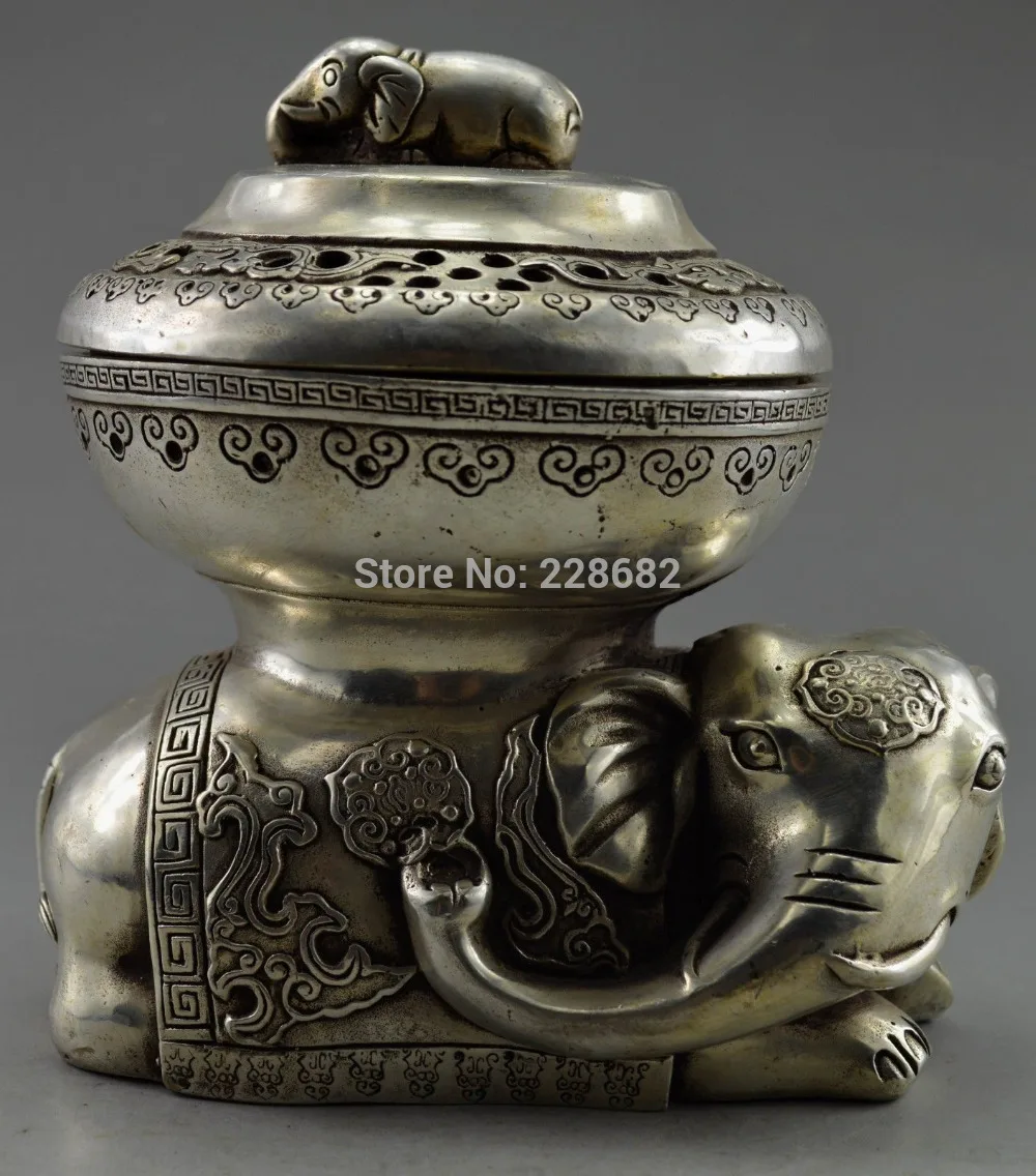 

Metal Crafts Collectible Decorated Old Handwork Tibet Silver Carved Elephant Incense Burner Statue fast Shipping