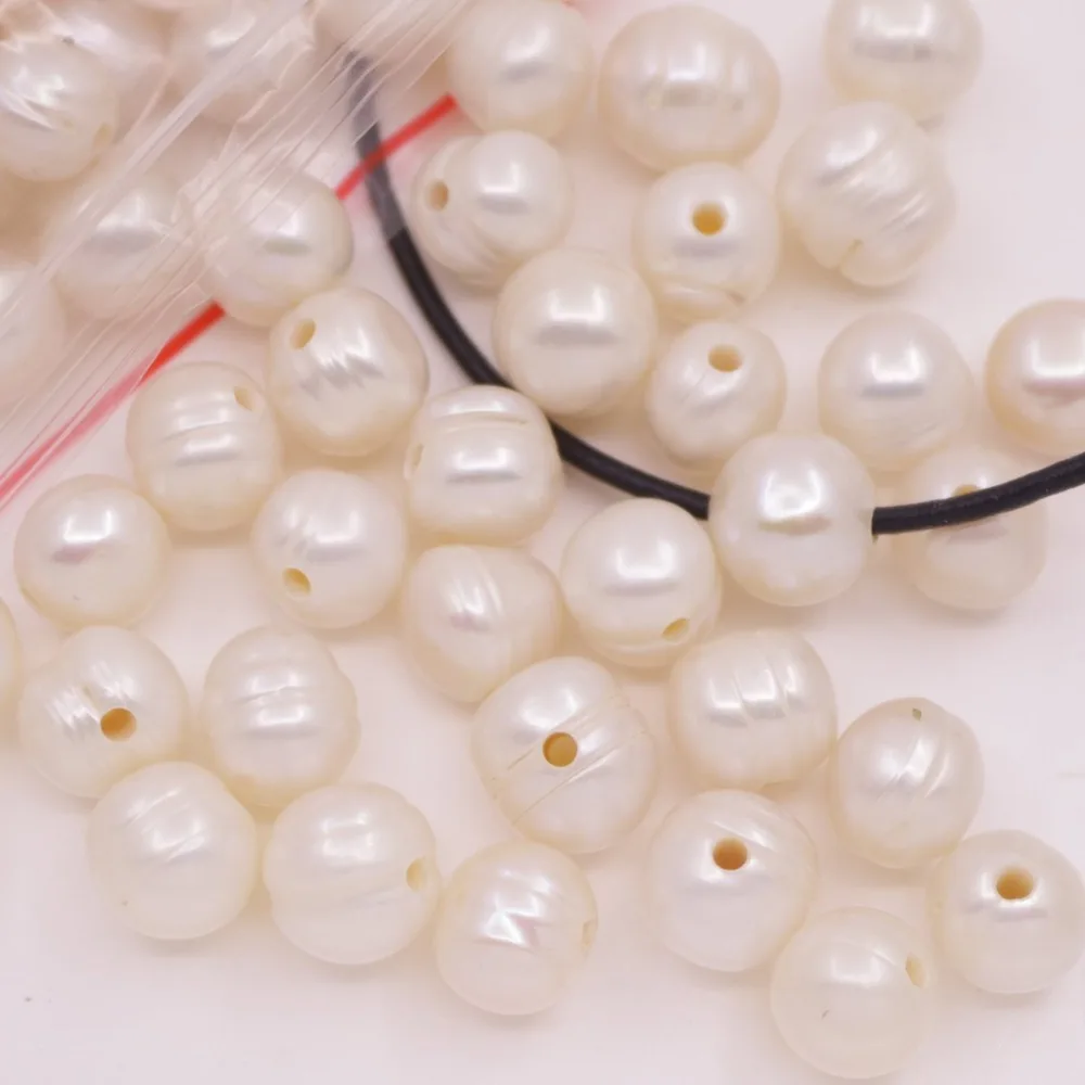 

100 PCS 10mm Nearly round Natural White Ringed Pearl Loose Beads 1.5mm Hole