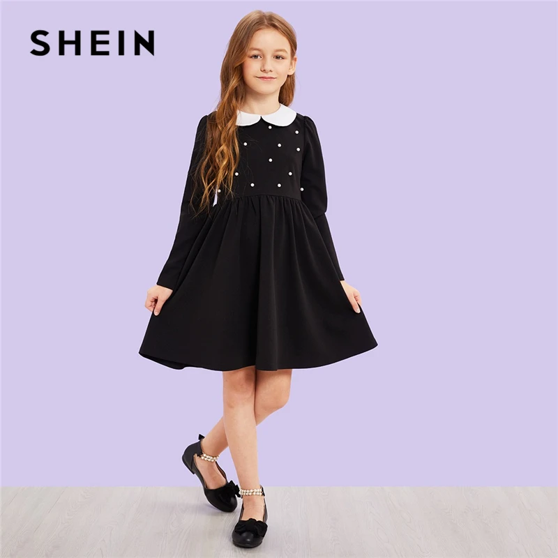 SHEIN/милое черное платье с контрастным воротником и жемчужинами для девочек; одежда для детей; коллекция года; сезон весна; корейские элегантные Детские платья с длинными рукавами