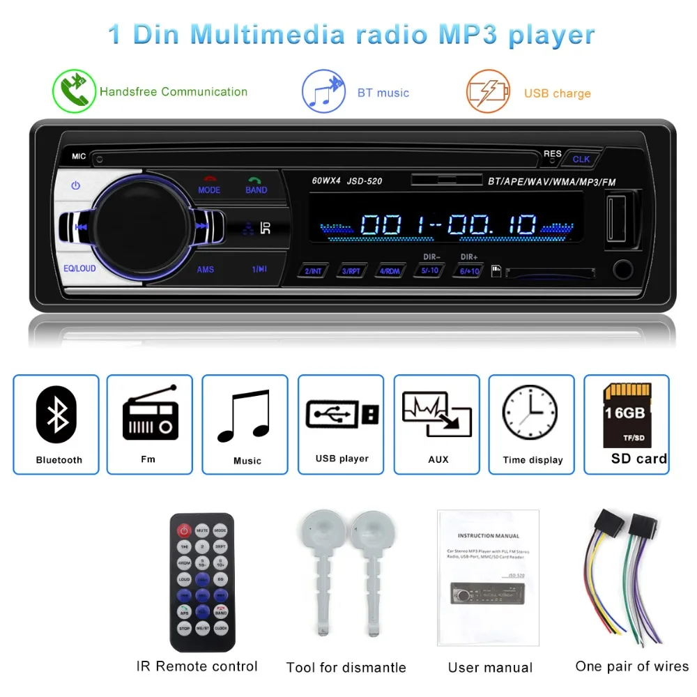 JSD 520 Bluetooth V2.0 авто для стерео Радио автомобильной 1 Din 12 в FM Aux Вход приемник