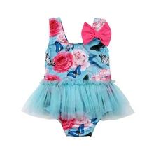 Пляжный Купальник с милым бантом и цветочным принтом для маленьких девочек 1-6 лет, Цельный купальник, кружевной фатиновый купальный костюм, пляжная одежда