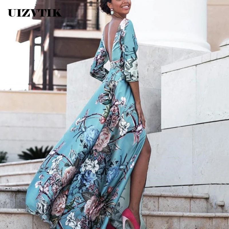 

UIZVTIK Summer Dress Women 2019 Casual Floral Print Boho Beach Maxi Dresses Female Sexy Backless High Split Long Party Dress 2XL