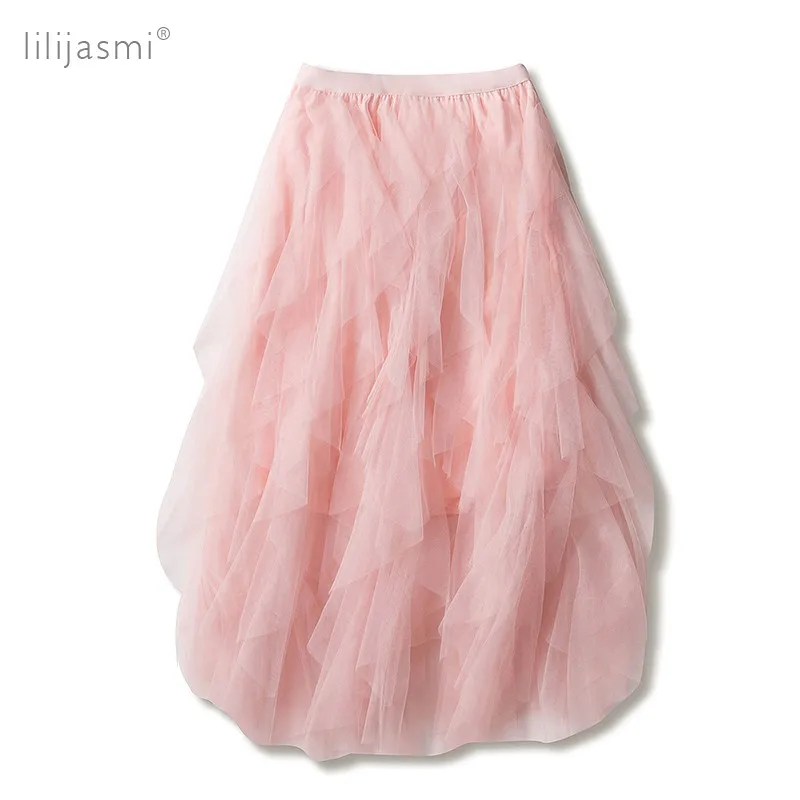 2019 новая Асимметричная сетчатая юбка, эластичная талия, шикарная сетчатая юбка, многослойная юбка-пачка, пышная юбка с оборками, длинная