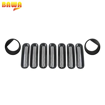 

BAWA Car Front Grille for Wrangler 2007-2017 ABS Black Front Mesh Grille Cover With Front Head Lamp Decoration