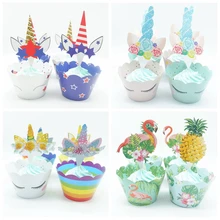 12set pack Cake Decoration Flamingo Pineapple Cupcake Wrappers Cake Topper Summer Party Baby Shower Birthday Party