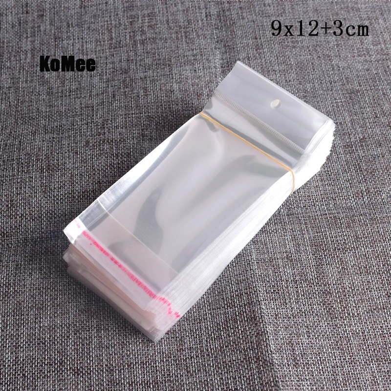 200pcs OPP Bags with Hanging hole 9x12+3cm Clear Transparent OPP Bag