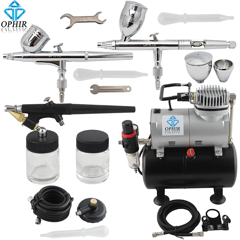 OPHIR Pro 0.3 0.5 0.8mm 3-Airbrush Kit w/ Air Tank Compressor for Hobby Paint Nail Art Tanning Airbrush Set _AC090+004A+071+006