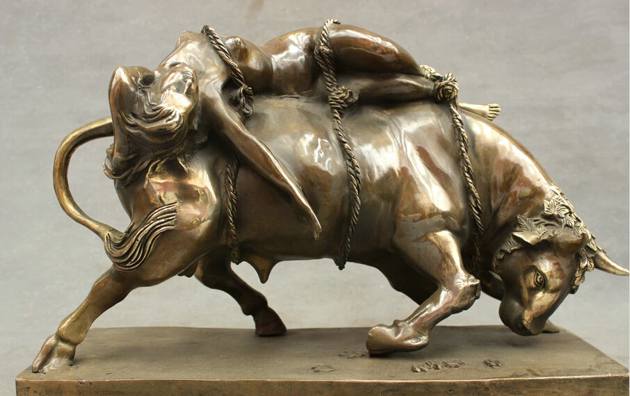 

15" Chinese Bronze Copper Nude Belle Statue Truss Bull Ox West Art Sculpture