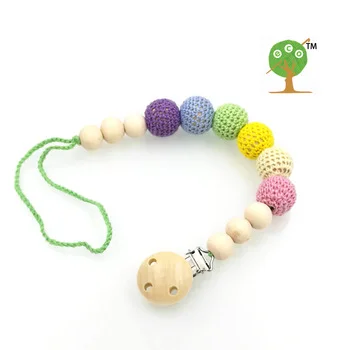 5 designs to choose Rainbow Gradient Baby Pacifier Clip Dummy Holder cotton Chain Natural wooden beads Crochet  beads NT137