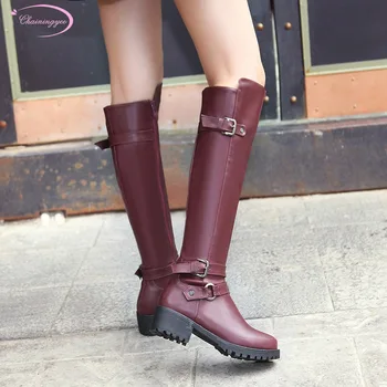 

Chainingyee casual style round head autumn knee high boots fashion zipper belt buckle mid-heel riding boots women's shoes