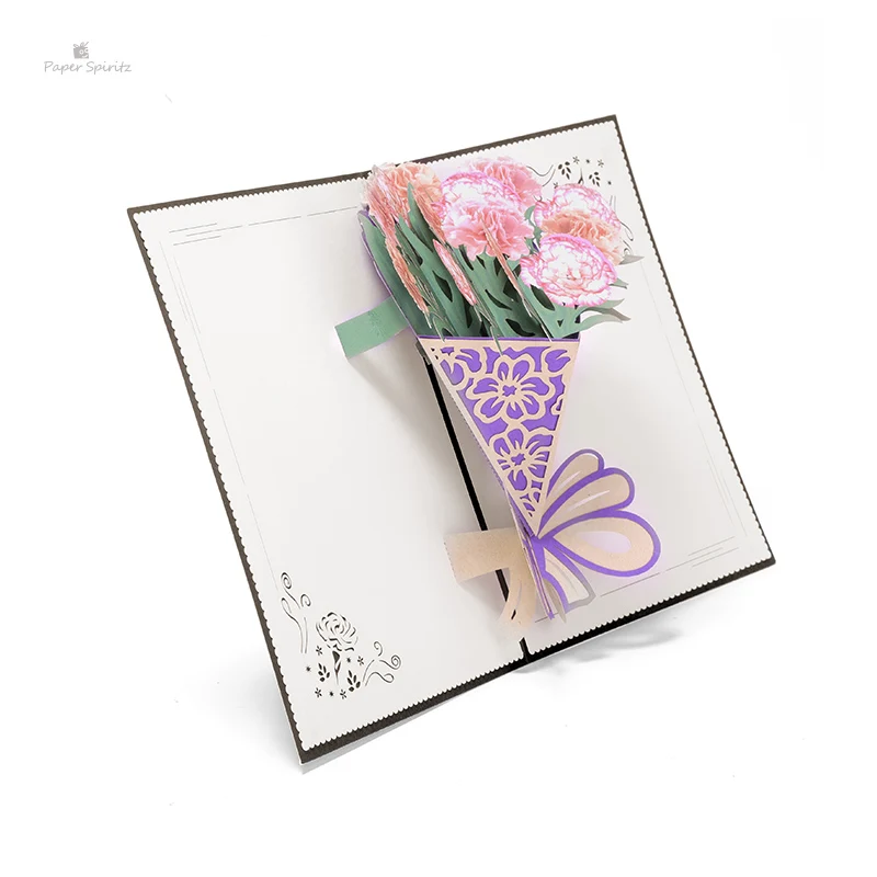 PAPER SPIRITZ Carnation bouquet 3D laser paper pop up card with blank envelope invitations greeting cards wedding invitation