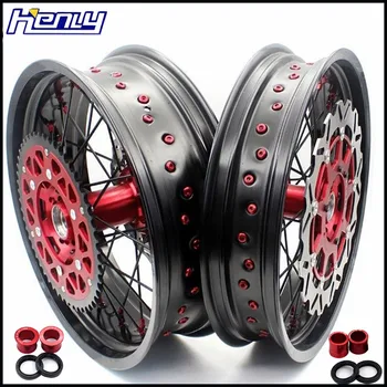 

3.5/4.25 Supermoto Wheel Set For HONDA CRF250R/CRF450R 2004-2013/2002-2012 Red Nipple Black Spoke Front 320MM Disc