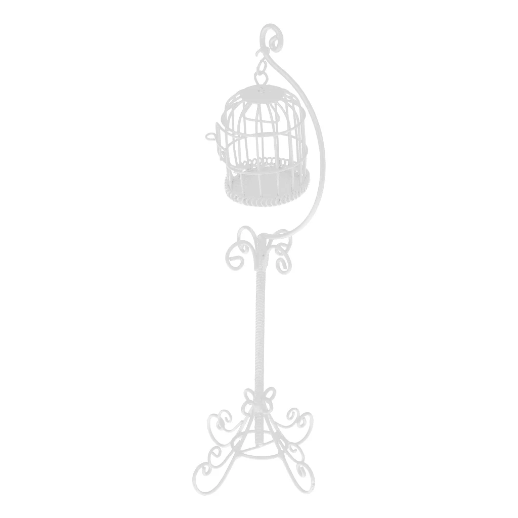  1:12 Scale Metal Bird Cage with Stand Dollhouse Miniature White dollhouse birdcage with holder stand well designed