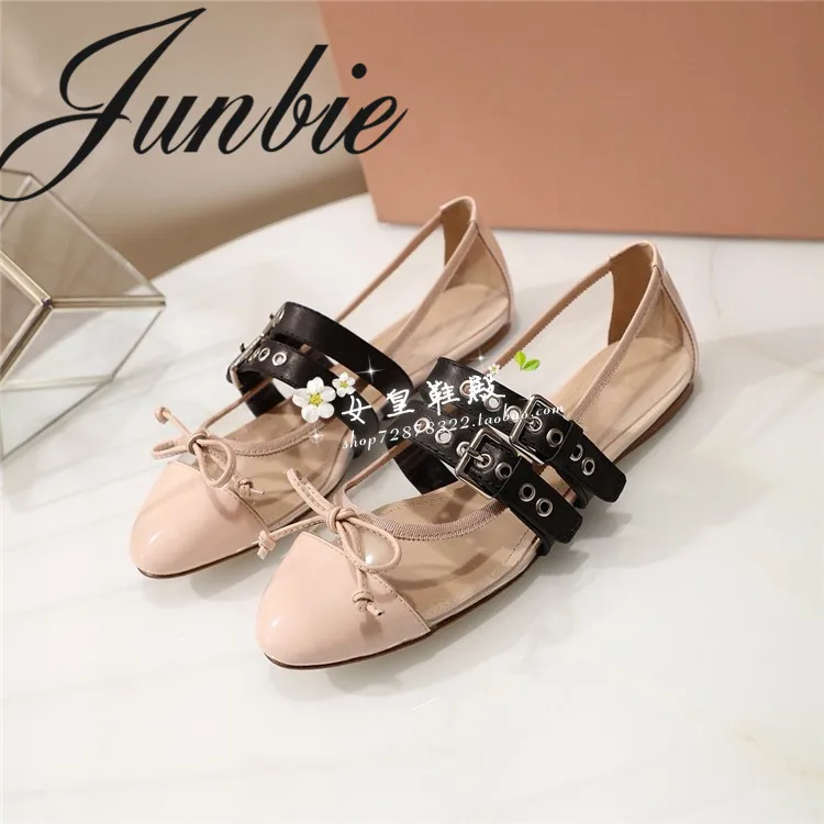 

JUNBIE New Genuine Leather PVC Bowtie Summer Flats Round Toe Buckle Strap Ballet Shoes Women