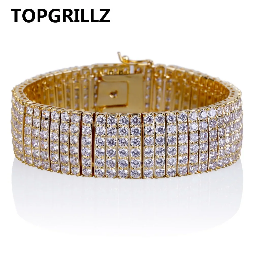 

TOPGRILLZ HipHop Jewelry Full Iced Out Gold&Silver Color Plated Micro Pave Cubic Zircon Bracelet 18mm Width 8" Long For Men
