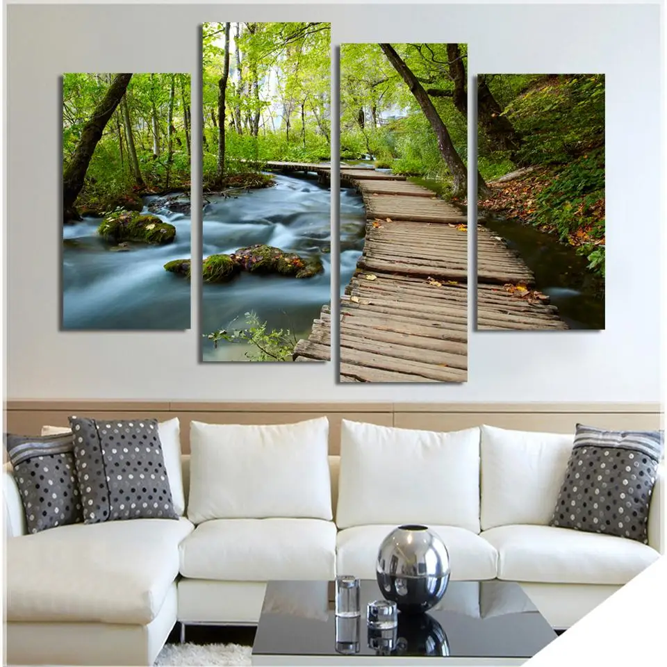 4 Panel HD Large Waterfall Bridge Picture Painting Canvas Wall Art Home