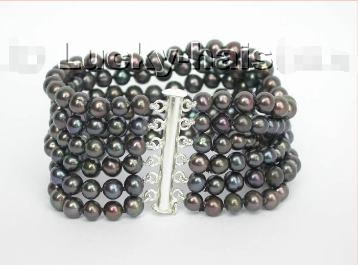 

Genuine 6row round black freshwater pearls Bracelet @^Noble style Natural Fine jewe SHIPPING 6.2
