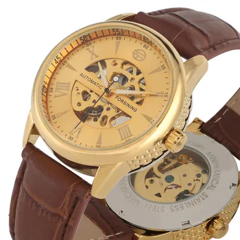 

Classic Automatic Mechanical Watches Self Wind For Men Roman Numerals Hollow Out Dial Chic Leather Band Mechanical Wristwatches