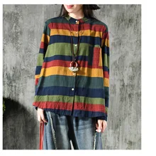2018 Autumn New Loose Retro Colorful Striped Women Shirt With Pocket Casual Cotton Linen Literary Irregular Lady Vintage Blouse