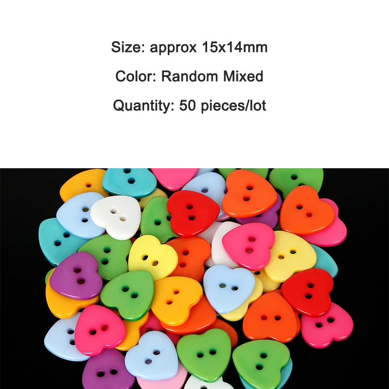 

50PCS/lot Solid Random Mixed Color Plastic Buttons Love Heart Button for Handmade Crafts DIY Apparel Accessories Scrapbooking