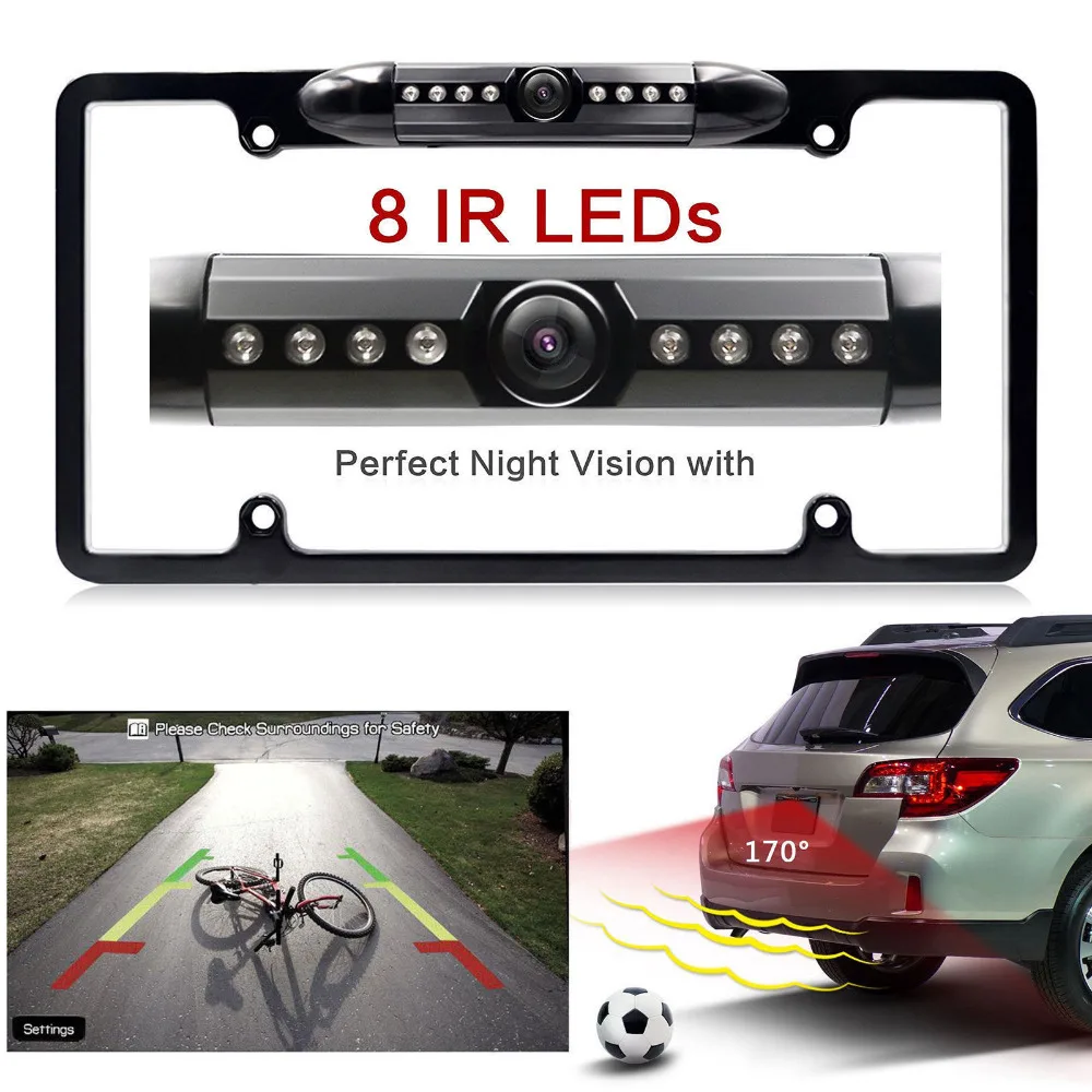 License Plate Rear View Backup Camera Reverse Parking Back Camera 8 IR LED Night Vision Waterproof 170/° Viewing Angle Universal Car License Plate Frame Mount for Cars Easy to Install