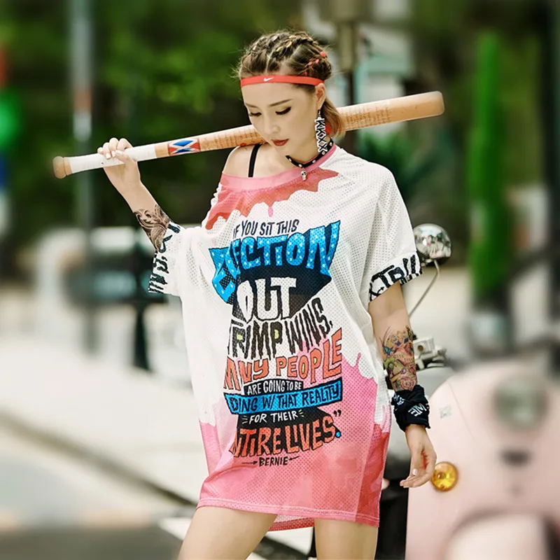 

JUST.BE.NEVER hip hop long T shirt harujuku style hippie one shoulder mesh tops hipster wonder women korean fashion kawaii tees
