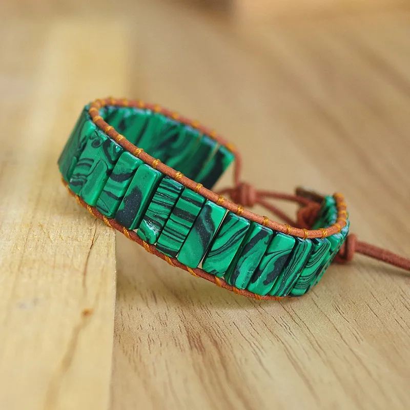 Женский и мужской браслет Boho Malachite ручной работы из натурального камня с кожаным ремешком подвеской