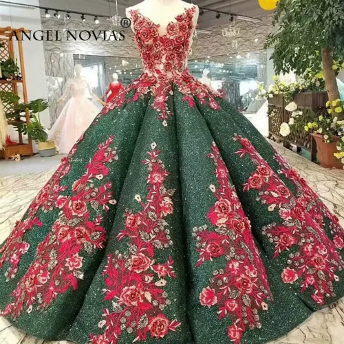 ANGEL NOVIAS, Длинное Пышное Бальное Платье, арабские свадебные платья,, с аппликацией, с блестками, Vestido de Novia, свадебные платья - Цвет: Зеленый