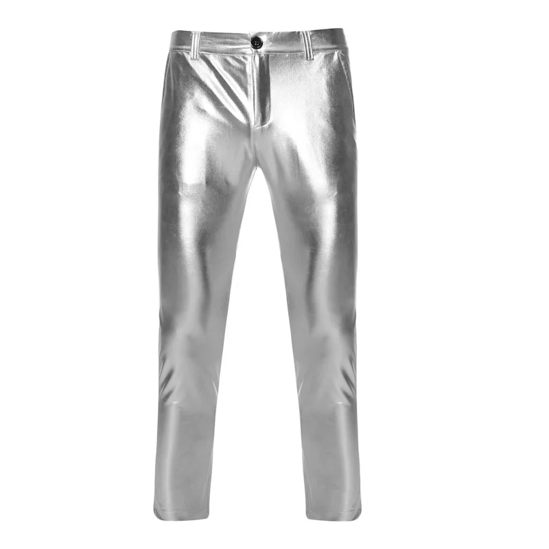Gold Shiny Metallic Sweatpants Men Pants Bronzing Hip Hop Nightclub DJ Streetwear Trousers Party Motorcycle Leather Jogger Pants 3