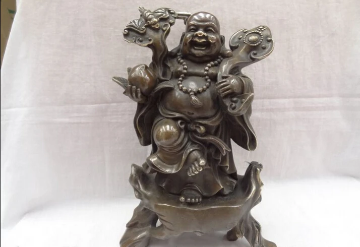 

song voge gem S5124 12" China Bronze Wealth RuYi Happy Laugh Maitreya Buddha Copper Peach Statue
