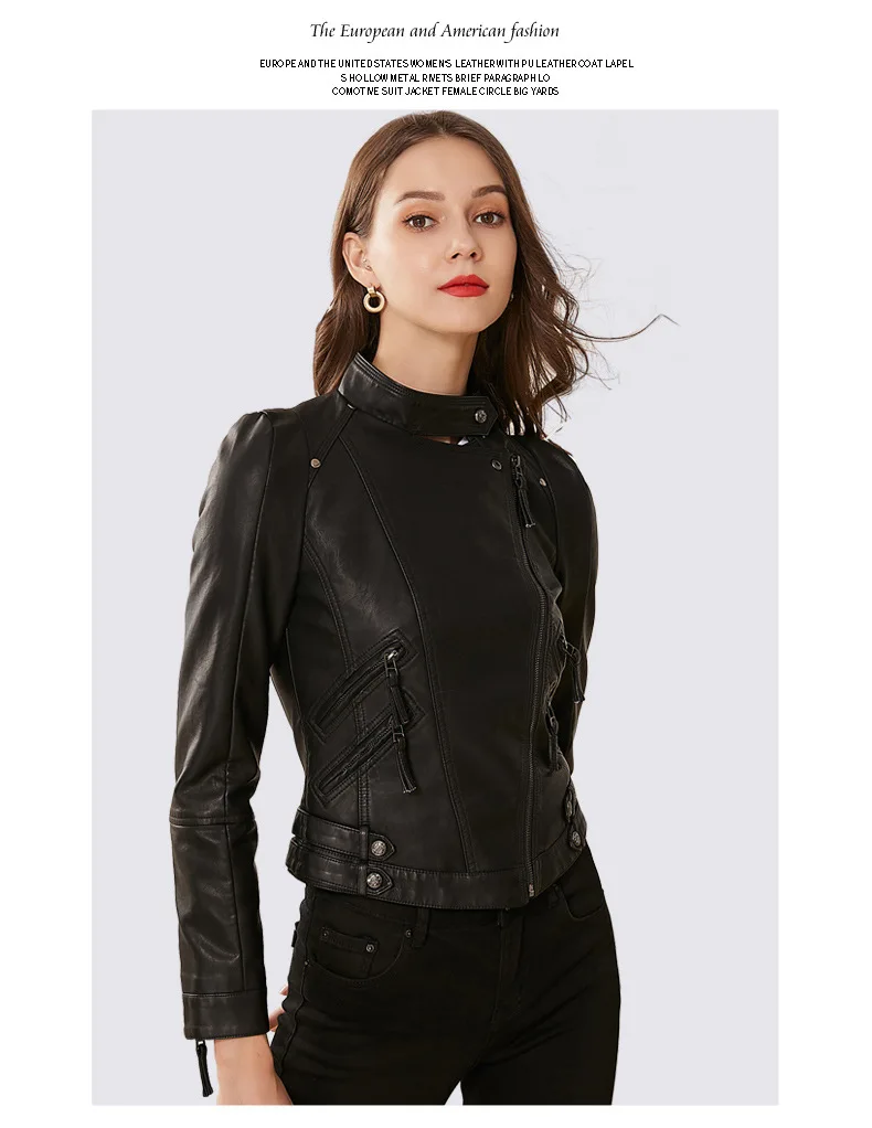 Fashion Solid Women Faux Leather Jacket Turn-down Collar Slim Jackets and Coats Office Lady Motorcycle Overcoat