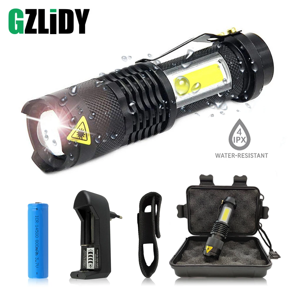 

Portable LED Flashlight Q5 +COB Mini Black 2000LM Waterproof Zoom LED Torch penlight Use AA or 14500 Battery Lighting lantern