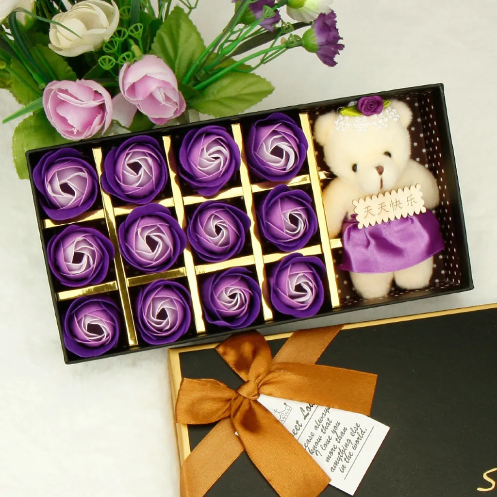 12 шт./1 коробка мыла цветок подарок романтическая роза мыло цветок подарочная коробка с плюшевыми животными игрушки медведь кукла#1229 A2