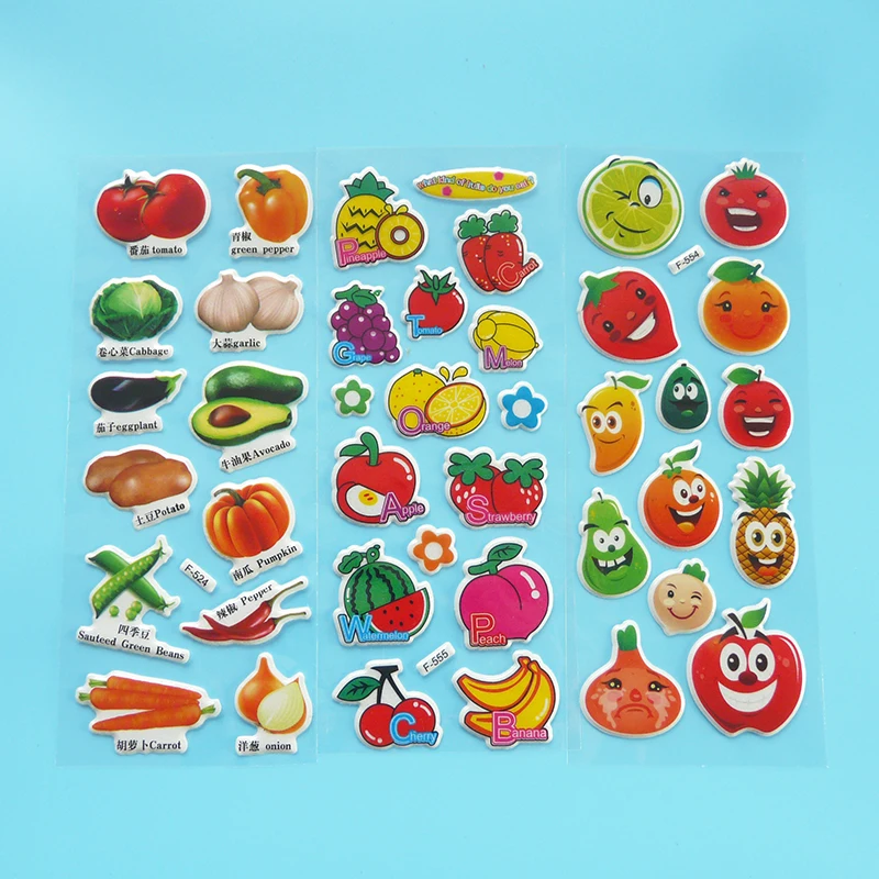 27 листов/лот 3D Мини мультфильм выпуклые Наклейки фрукты зелень, автомобильный транспорт Классические игрушки милые DIY Craft стикер для детей