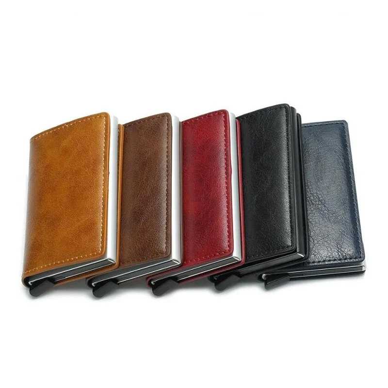 

Wallet Credit Card Holder Automatic Card box Card Bag Leather+Aluminum card Wallet Anti-magnetic RFID bag men women wallet bags