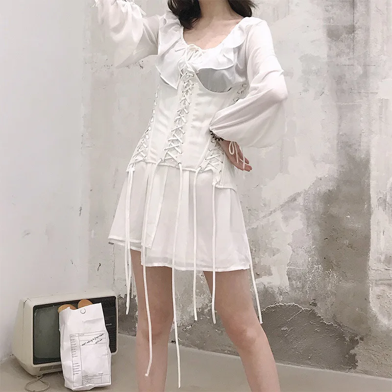 

Summer 2019 vintage Style V-collar Chiffon Wooden Ear Side high Waist Dress with bandage corset Two-piece dresses women 3 colors
