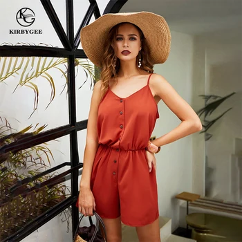 

KirbyGee Elegant Loose Button Playsuits Red Spaghetti Strap Plus Size Rompers Summer Women Sexy Backless Soild Short Jumpsuit