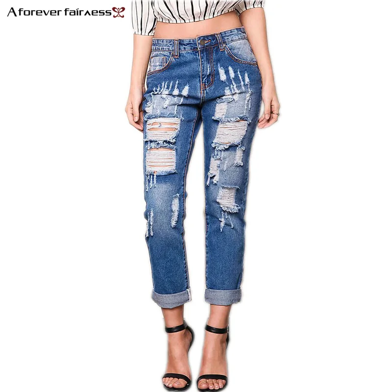 Spring Summer High Waist Washed Light Blue Ripped Holes