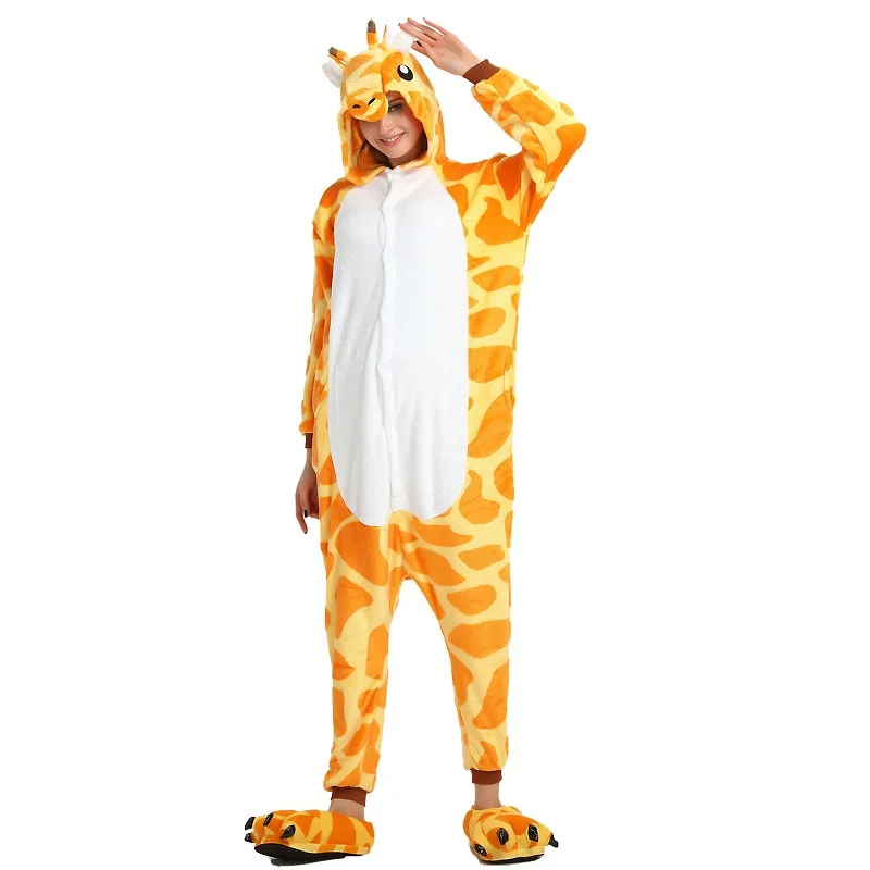 Cute Animal Giraffe Long Sleeve Hooded Onesie Onepiece Onsie Flannel Warm Kigurumi Women Homewear Onesies For Adults  