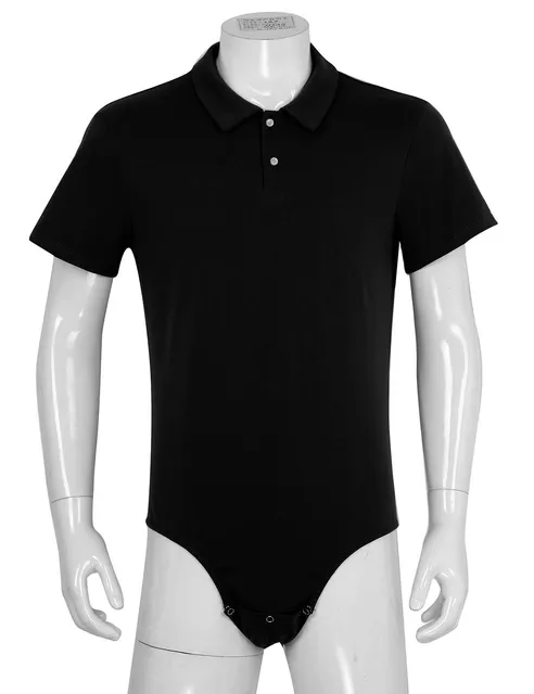 inhzoy Men's Short Sleeve Undershirt One Piece Leotard Top Press Button  Crotch Shirt Bodysuit Slim Fit Romper Blue XL 