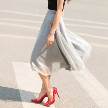 

summer fashion pink gray color organza bust medium-long a-line skirt high waist gauze chiffon pleated tulle skirt