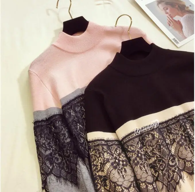 new fashion women autumn winter lace patchwork long sleeve loose knitted bottom sweaters pull femme new fashion women autumn winter lace patchwork long sleeve loose knitted bottom sweaters pull femme