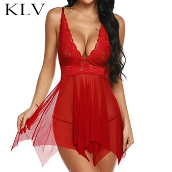 

Women Erotic See Through Mesh Mini Lingerie Dress Deep V-Neck Floral Lace Patchwork Nightgown V Back Irregular Pleated Sleepwear