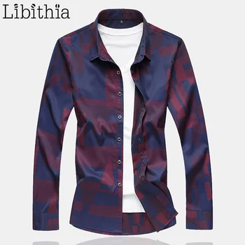 

Men Casual Dress Shirts Geometric Pattern Blouses Big Size M-7XL Long Sleeve Clothes Turn-down Collar Male Red Blue F135